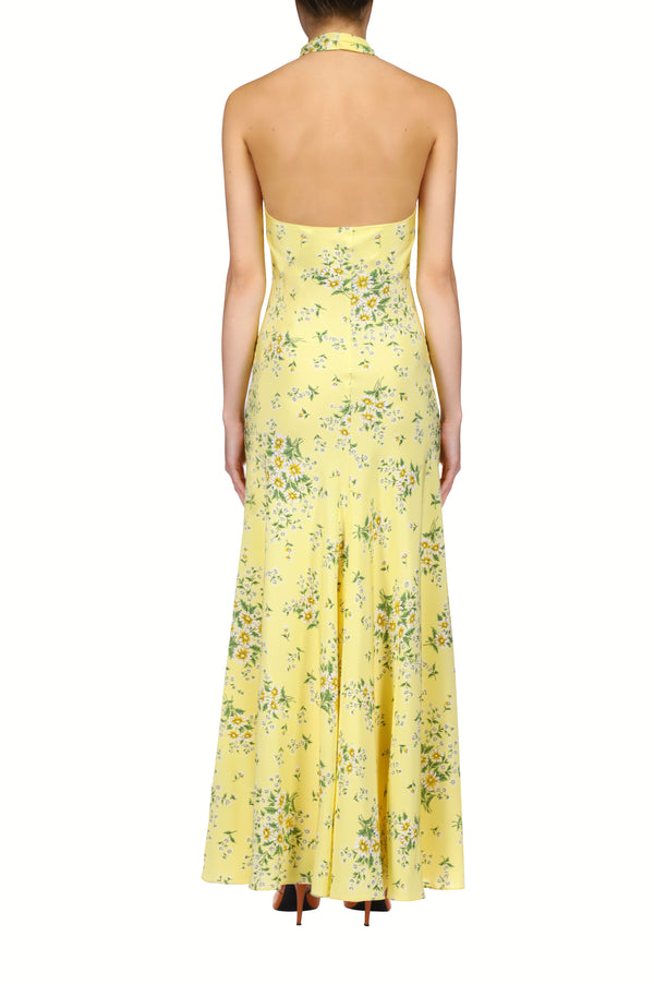 Rodarte Yellow Daisy Silk Halter Dress With Silk Flower