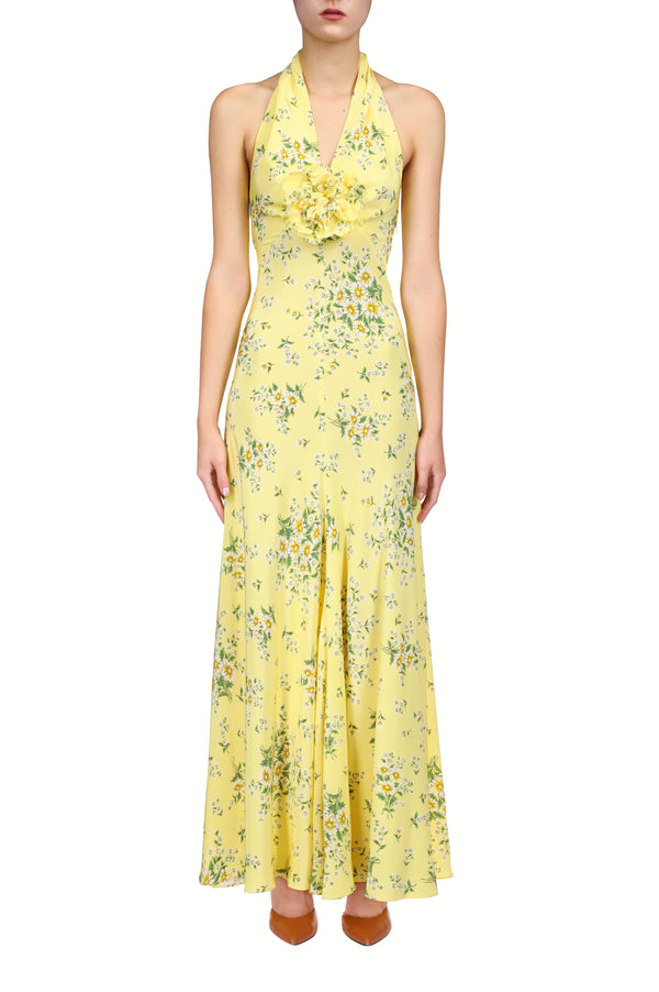 rodarte Yellow Daisy Silk Halter Dress With Silk Flower rodarte Yellow Daisy Silk Halter Dress With Silk Flower
