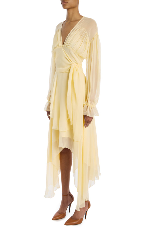 Rodarte Yellow Silk Chiffon Dress With Tie Detail And Slip
