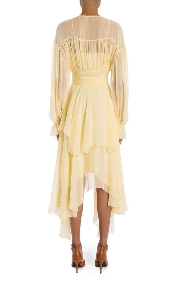 Rodarte Yellow Silk Chiffon Dress With Tie Detail And Slip