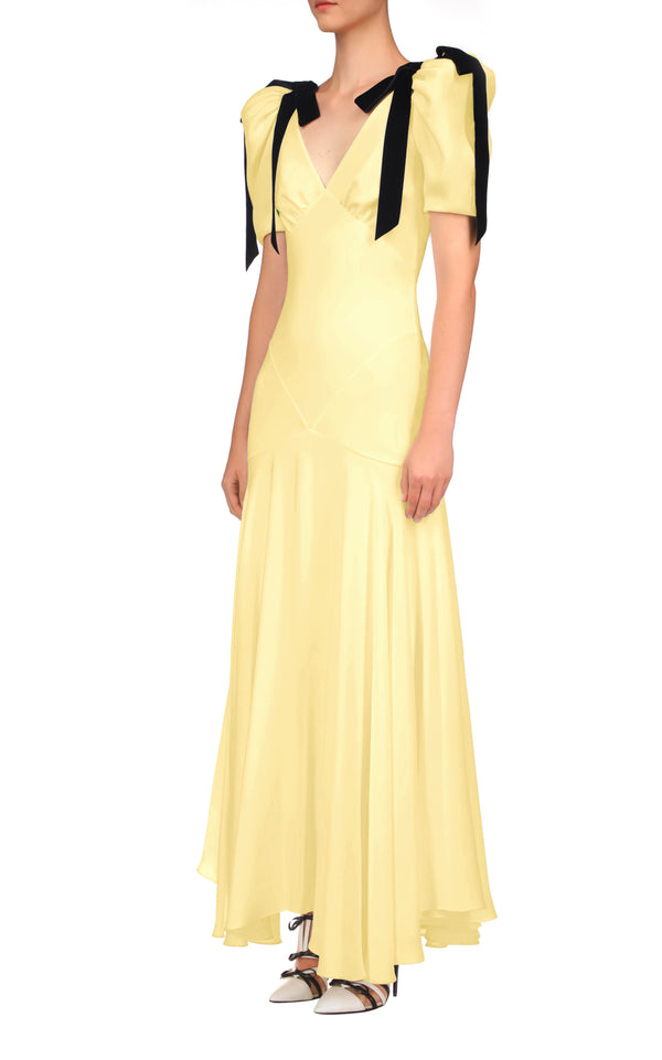Rodarte Yellow Silk Crepe Bias Dress With Black Velvet Bow Detail