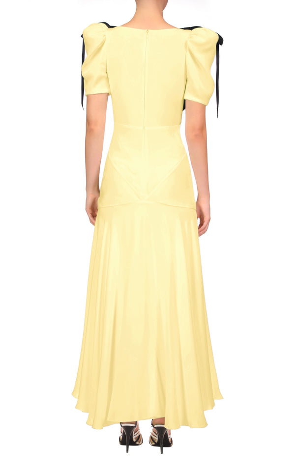 Rodarte Yellow Silk Crepe Bias Dress With Black Velvet Bow Detail