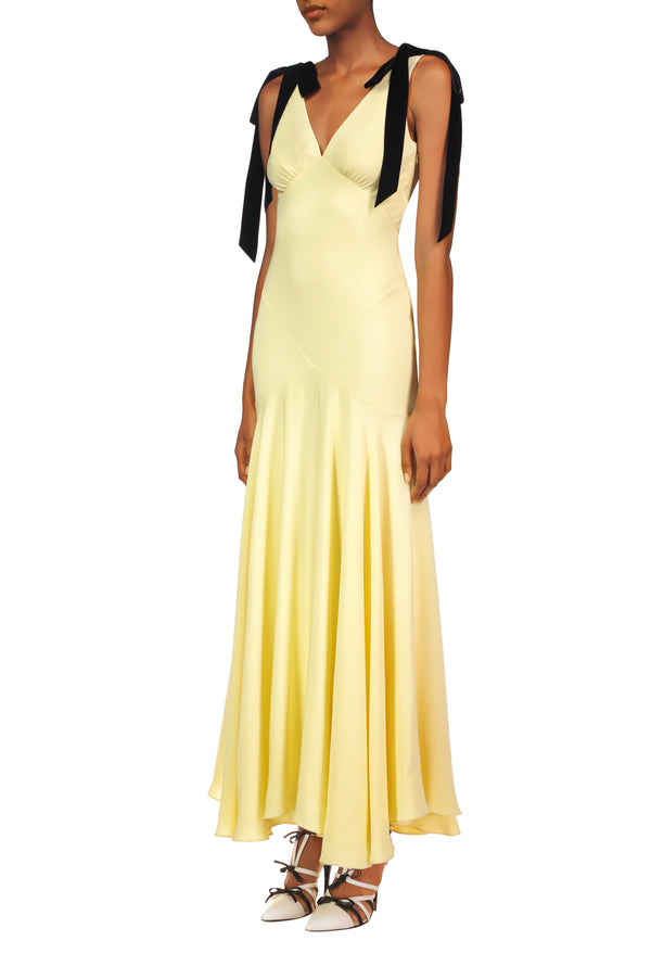 Rodarte Yellow Silk Crepe Bias Dress With Black Velvet Ribbon Bow Detail