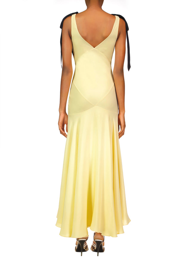 Rodarte Yellow Silk Crepe Bias Dress With Black Velvet Ribbon Bow Detail