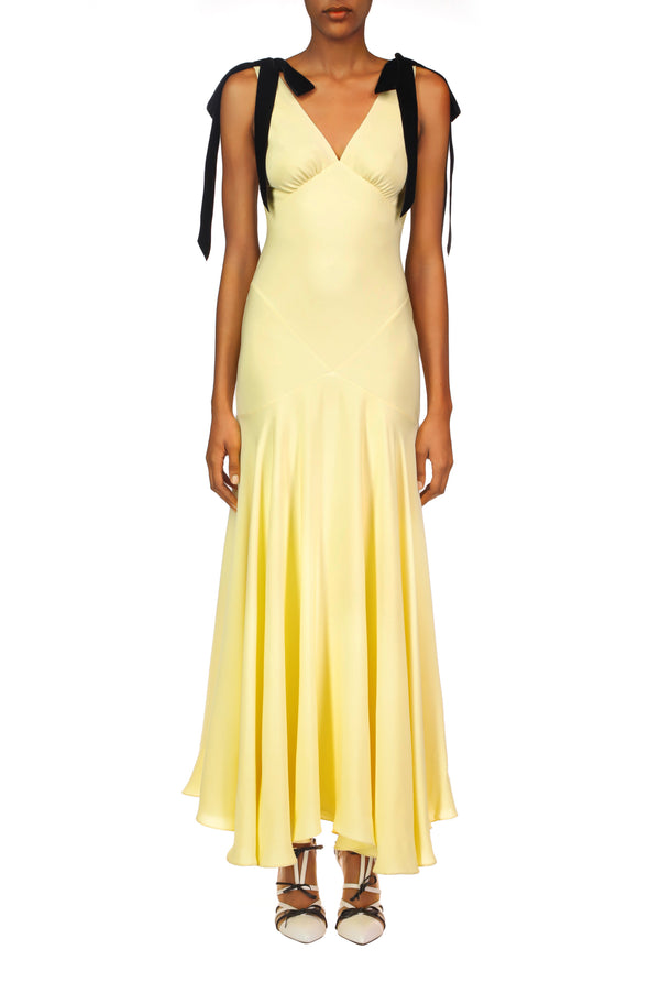 rodarte Yellow Silk Crepe Bias Dress With Black Velvet Ribbon Bow Detail