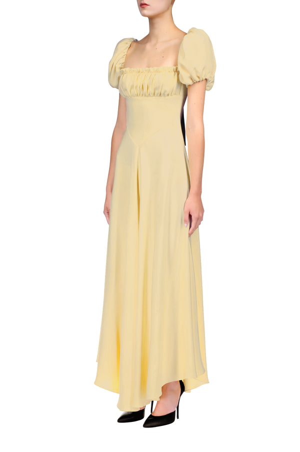 Rodarte Yellow Silk Crepe Dress With Gathered Bust And Ribbon Detail