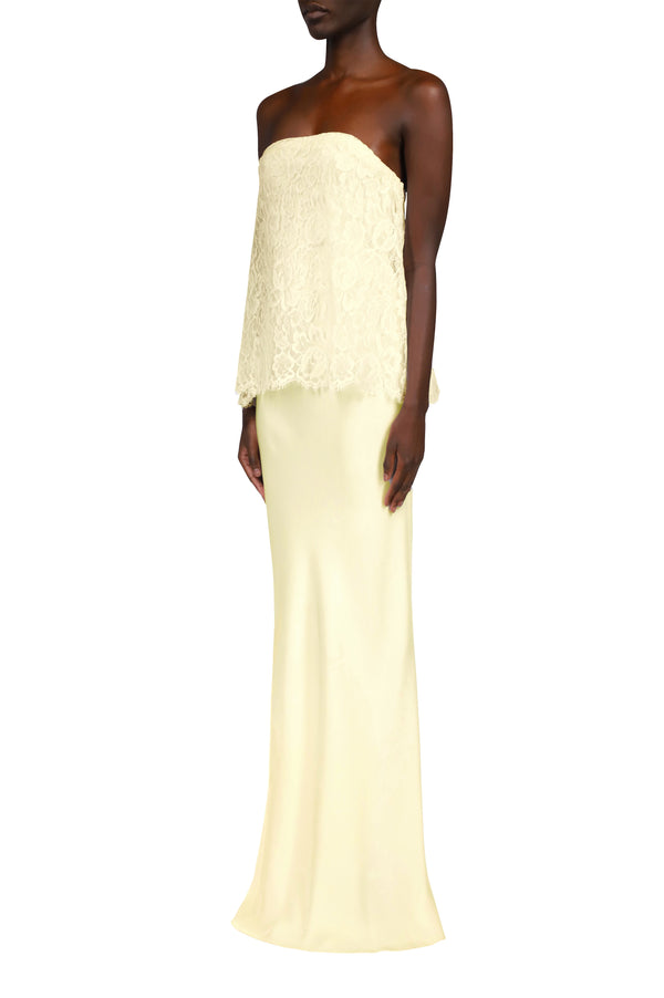 Rodarte Yellow Silk Crepe Strapless Bias Gown With Lace Overlay