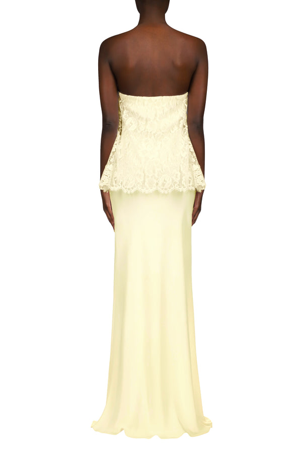 Rodarte Yellow Silk Crepe Strapless Bias Gown With Lace Overlay