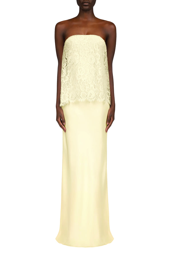 rodarte Yellow Silk Crepe Strapless Bias Gown With Lace Overlay rodarte Yellow Silk Crepe Strapless Bias Gown With Lace Overlay