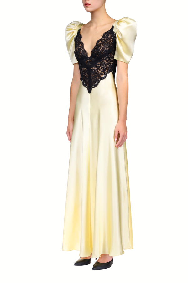Rodarte Yellow Silk Satin Bias Dress With Black Lace Bodice Detail
