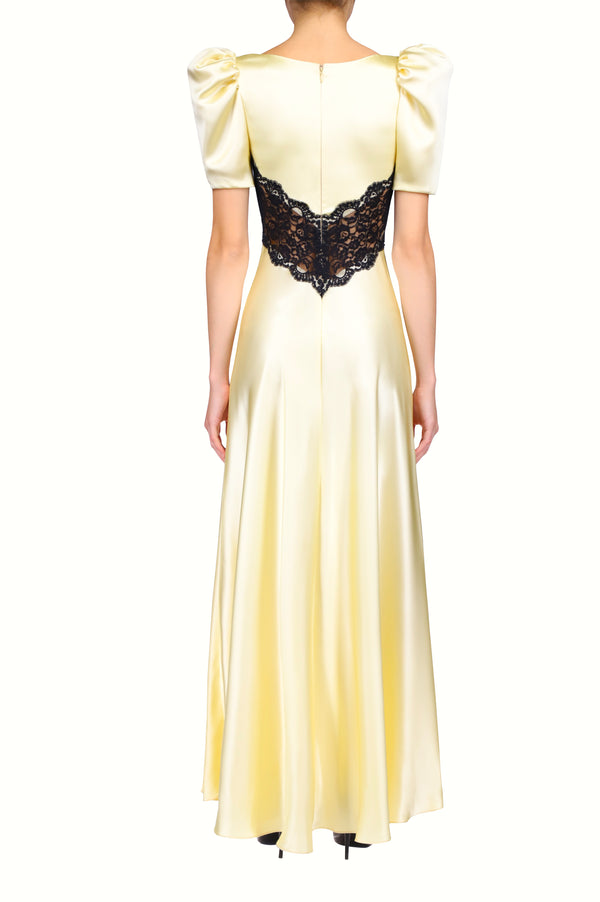 Rodarte Yellow Silk Satin Bias Dress With Black Lace Bodice Detail