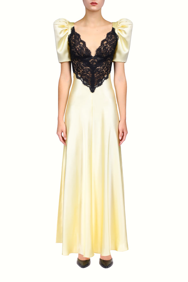 rodarte Yellow Silk Satin Bias Dress With Black Lace Bodice Detail rodarte Yellow Silk Satin Bias Dress With Black Lace Bodice Detail