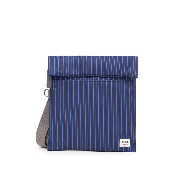 roka london Stratford Crossbody in Dark Denim Pinstripe