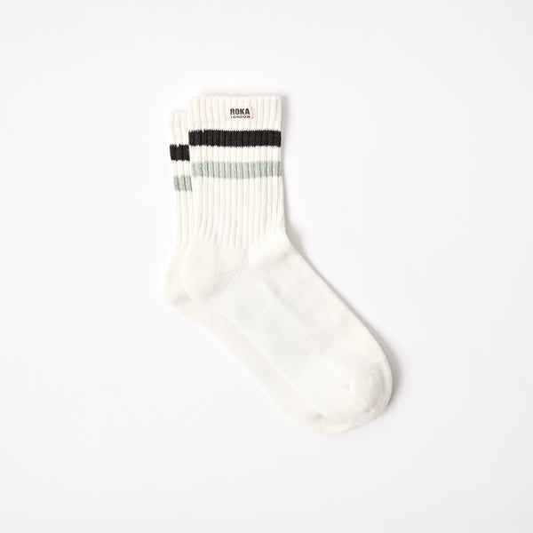 roka london Windsor Stripe Crew Socks for Men in Black / Mist