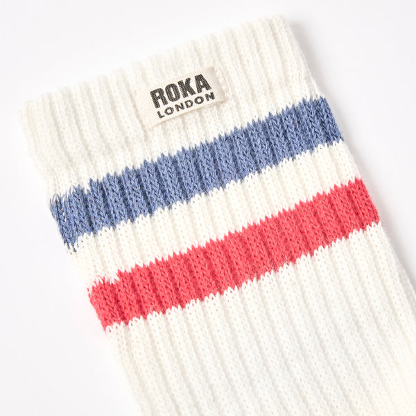 Roka London Windsor Stripe Crew Socks For Men In Coastal Blue / Scarlet