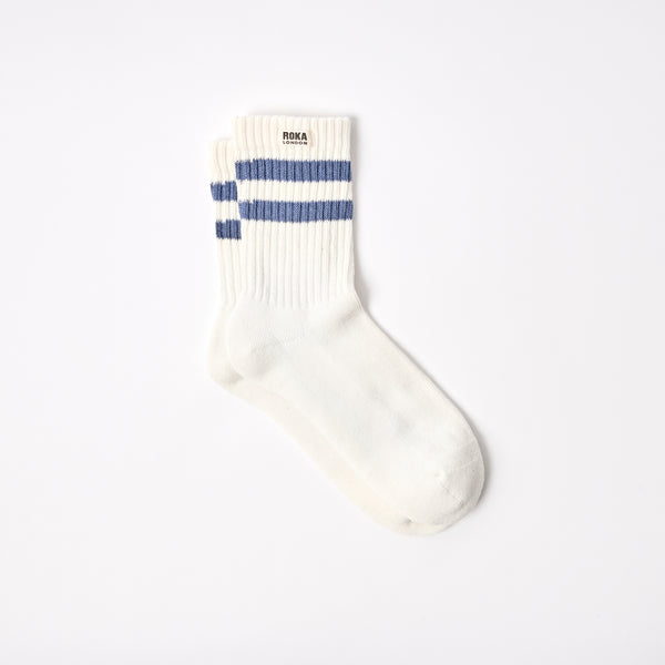 roka london Windsor Stripe Crew Socks for Men in Coastal Blue