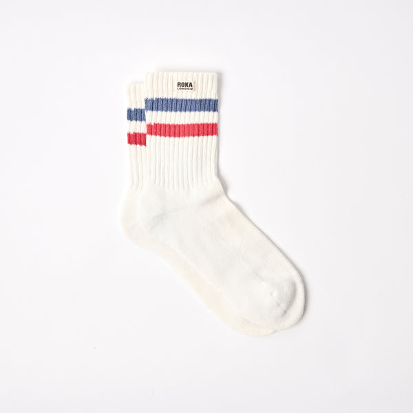 roka london Windsor Stripe Crew Socks for Men in Coastal Blue / Scarlet