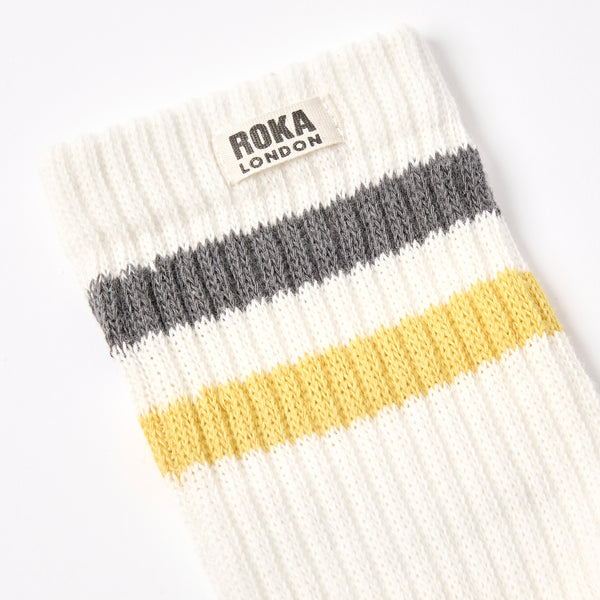 Roka London Windsor Stripe Crew Socks For Men In Faded Black / Summer Yellow