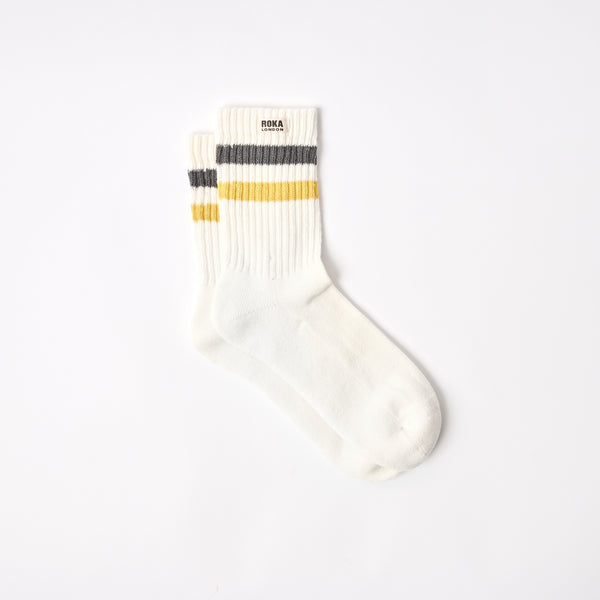 roka london Windsor Stripe Crew Socks for Men in Faded Black / Summer Yellow