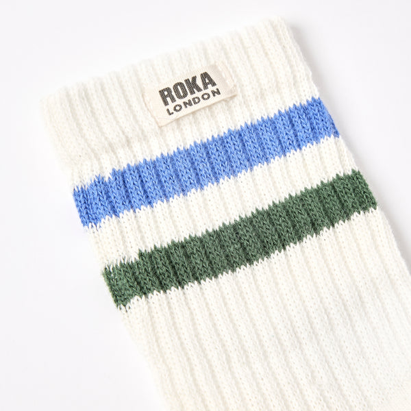 Roka London Windsor Stripe Crew Socks For Men In Malibu Blue / Forest