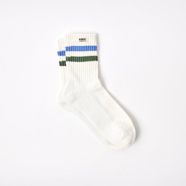 roka london Windsor Stripe Crew Socks for Men in Malibu Blue / Forest