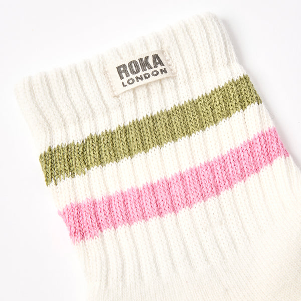 Roka London Windsor Stripe Crew Socks For Women In Avocado/Pink Carnation