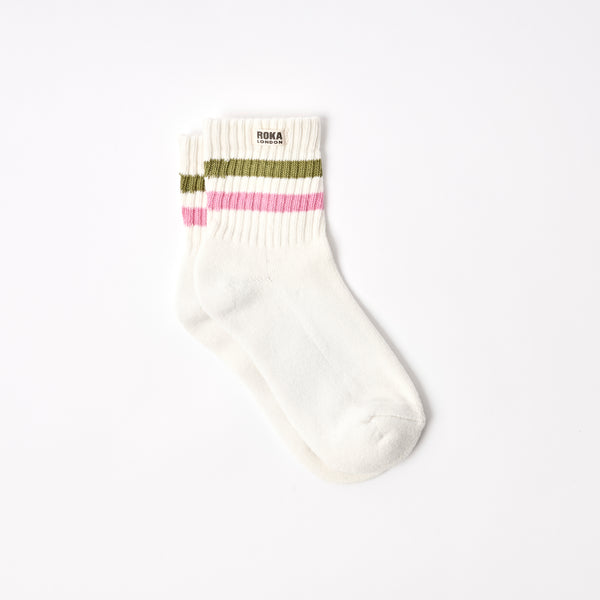 roka london Windsor Stripe Crew Socks for Women in Avocado/Pink Carnation