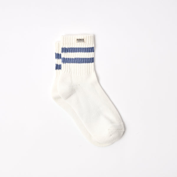 roka london Windsor Stripe Crew Socks for Women in Coastal Blue