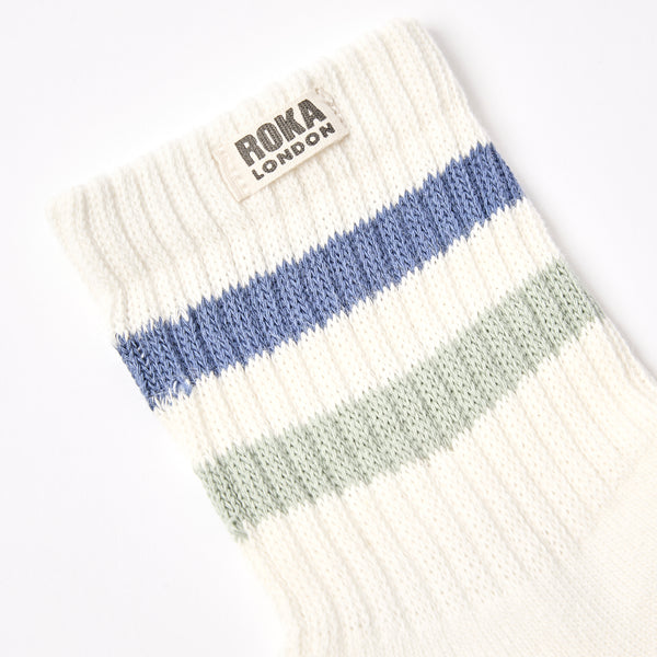 Roka London Windsor Stripe Crew Socks For Women In Coastal Blue/Mist