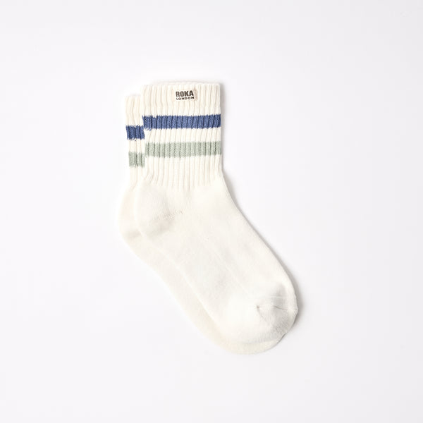 roka london Windsor Stripe Crew Socks for Women in Coastal Blue/Mist