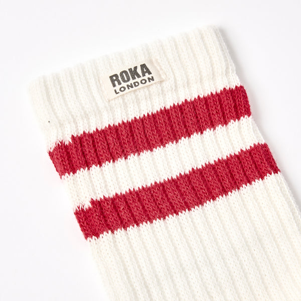 Roka London Windsor Stripe Crew Socks For Women In Cranberry