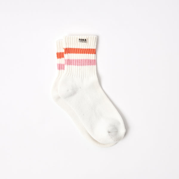 roka london Windsor Stripe Crew Socks for Women in Mandarin/Pink
