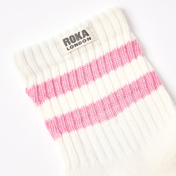 Roka London Windsor Stripe Crew Socks For Women In Pink Carnation