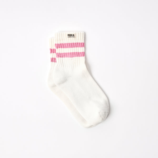 roka london Windsor Stripe Crew Socks for Women in Pink Carnation