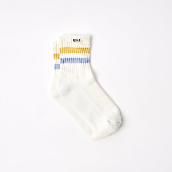 roka london Windsor Stripe Crew Socks for Women in Summer Yellow/Thistle