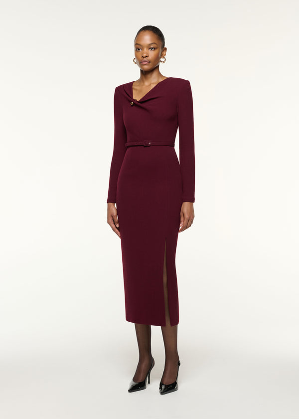 Roland Mouret Asymmetrical Draped Neck Belted Wool Dress Mulberry