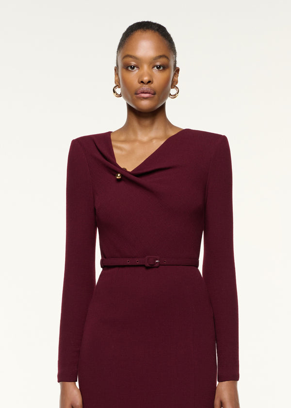 Roland Mouret Asymmetrical Draped Neck Belted Wool Dress Mulberry