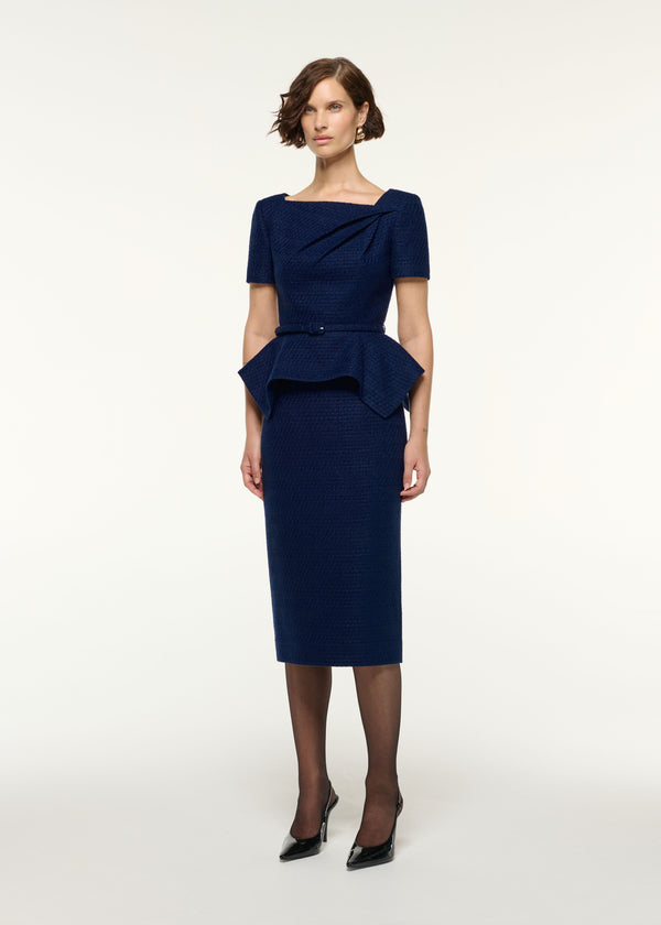 Roland Mouret Asymmetrical Twist Peplum Boucle Top Navy