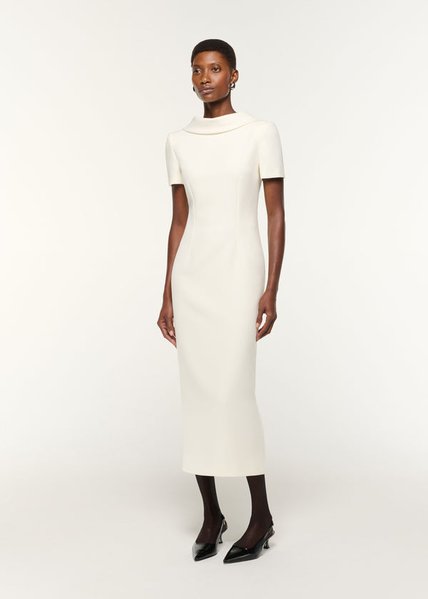 Roland Mouret Collared Crepe Column Midi Dress Cream