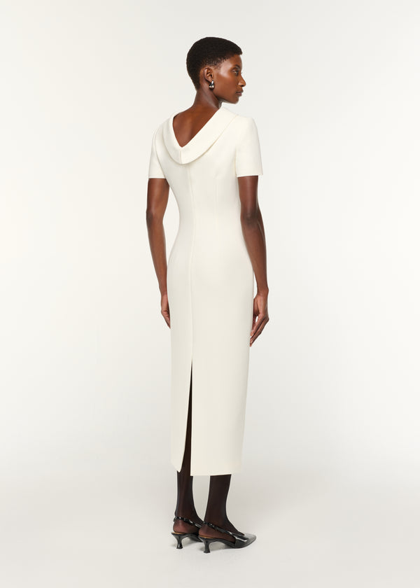 Roland Mouret Collared Crepe Column Midi Dress Cream