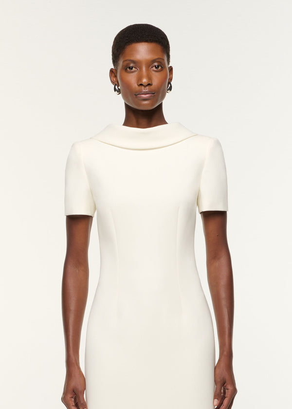 Roland Mouret Collared Crepe Column Midi Dress Cream