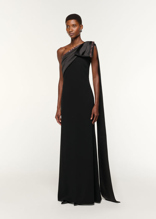 Roland Mouret Contrast Crystal Trimmed Bow Satin Crepe Gown Black