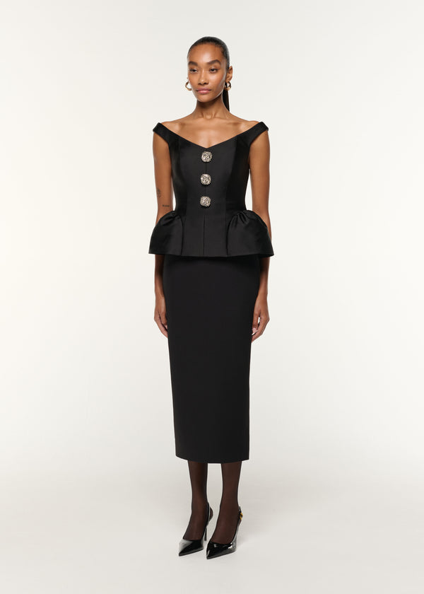 Roland Mouret Crystal Button Peplum Taffeta Crepe Dress Black