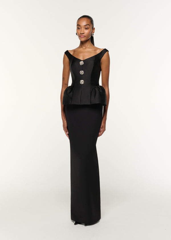 Roland Mouret Crystal Button Peplum Taffeta Crepe Gown Black