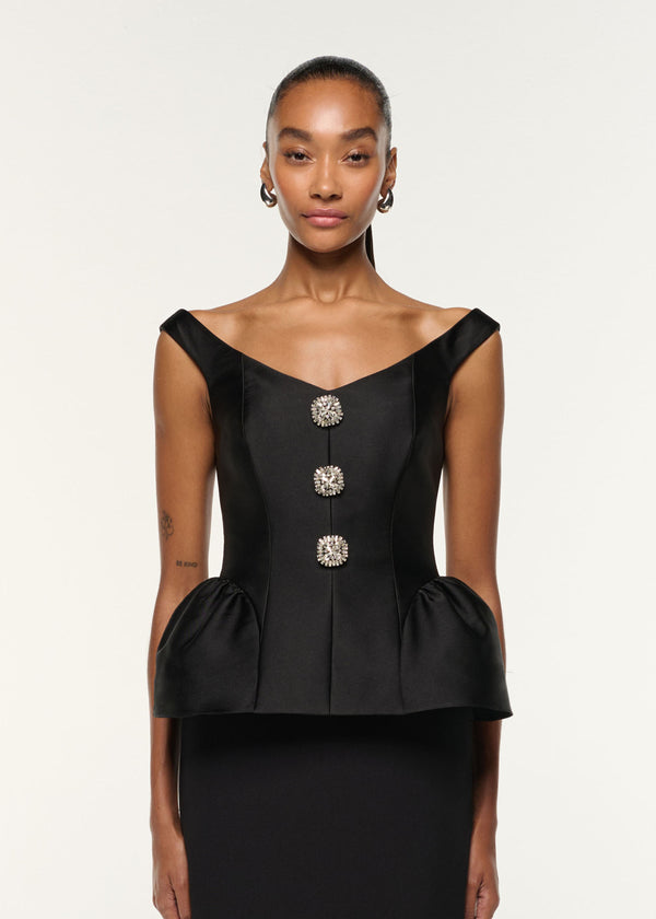 Roland Mouret Crystal Button Peplum Taffeta Crepe Gown Black