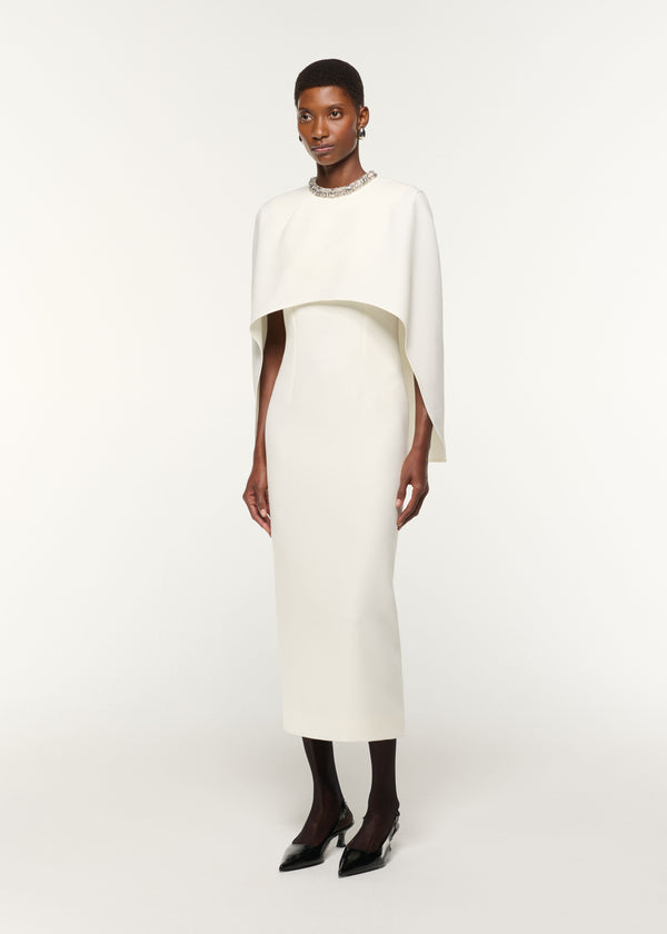 Roland Mouret Crystal Neckline Crepe Cape Dress Cream