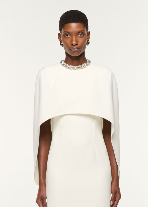 Roland Mouret Crystal Neckline Crepe Cape Dress Cream