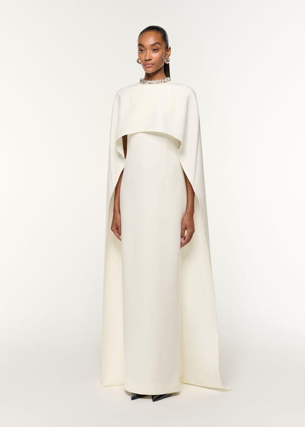Roland Mouret Crystal Neckline Crepe Cape Gown Cream