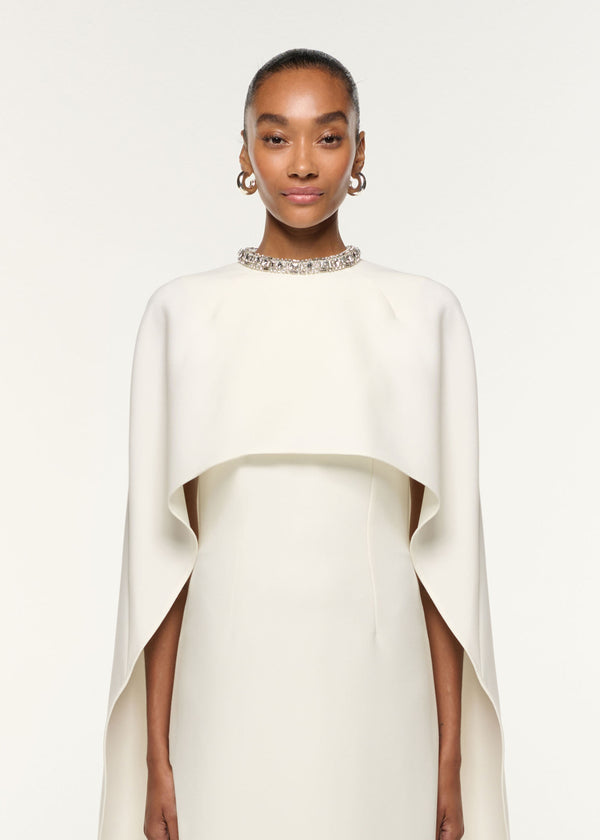 Roland Mouret Crystal Neckline Crepe Cape Gown Cream