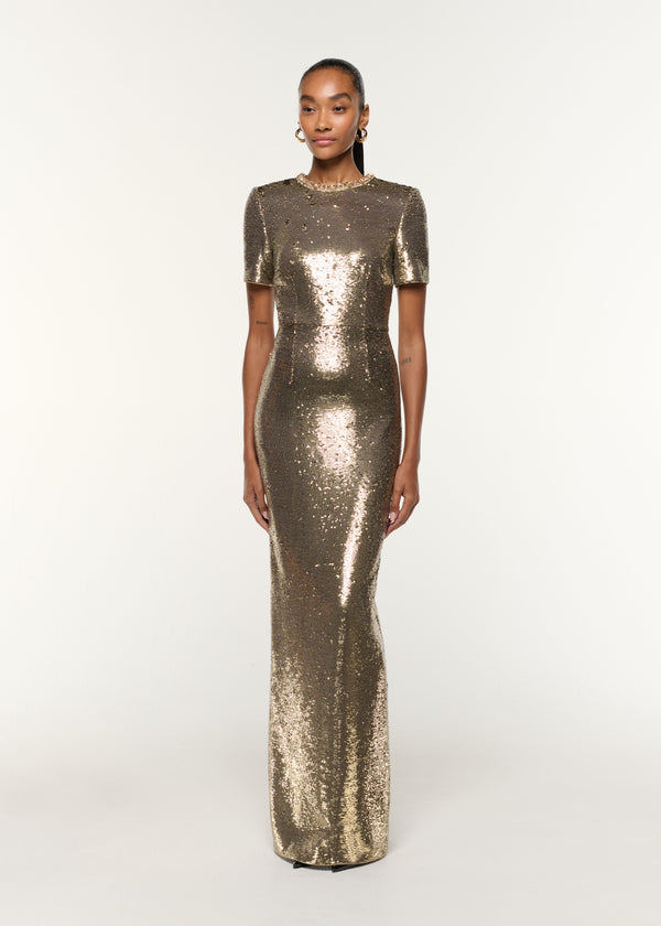 Roland Mouret Crystal Neckline Sequin Column Gown Gold